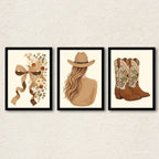 Rustic Cowgirl Boho Framed Wall Art Set of 3