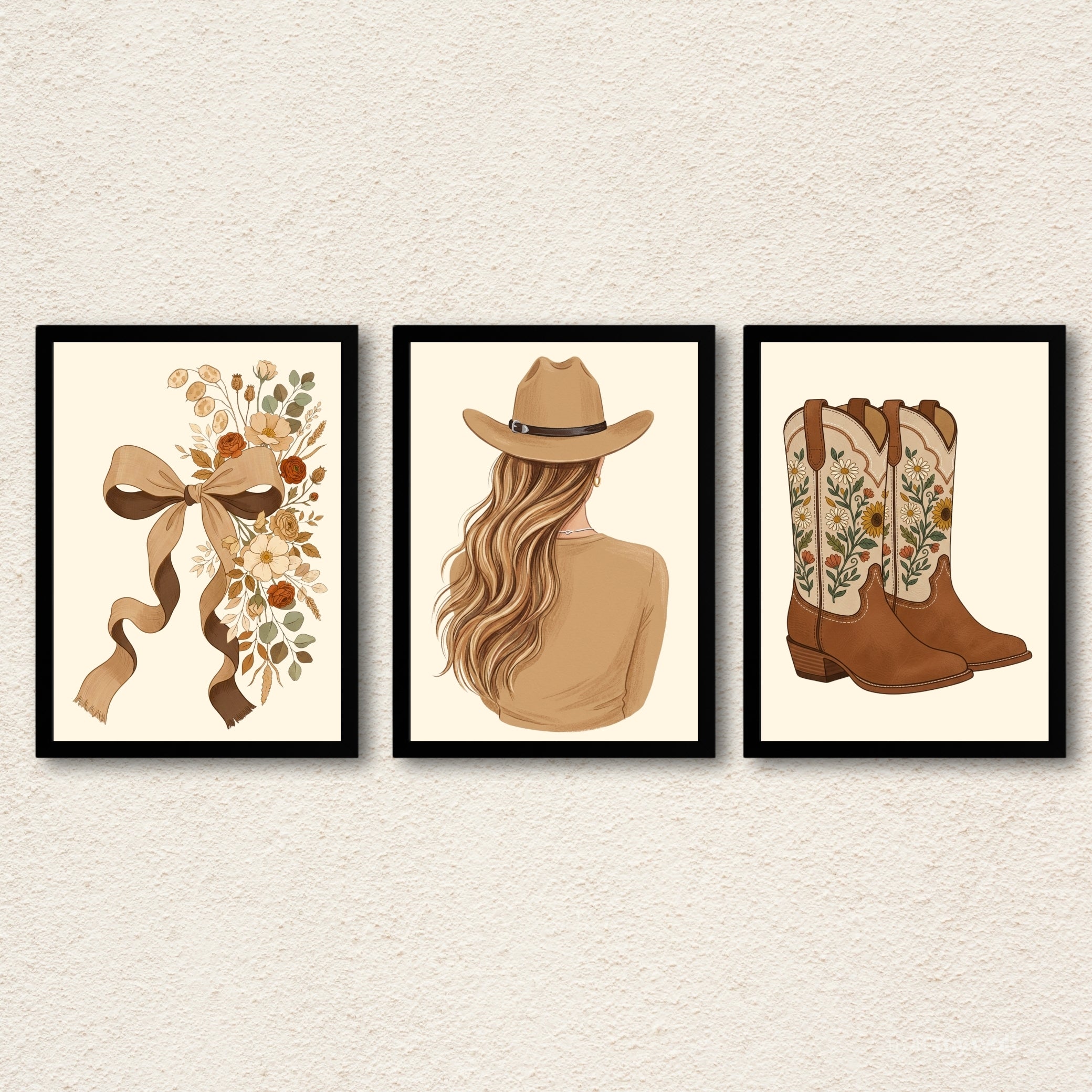 Rustic Cowgirl Boho Framed Wall Art Set of 3