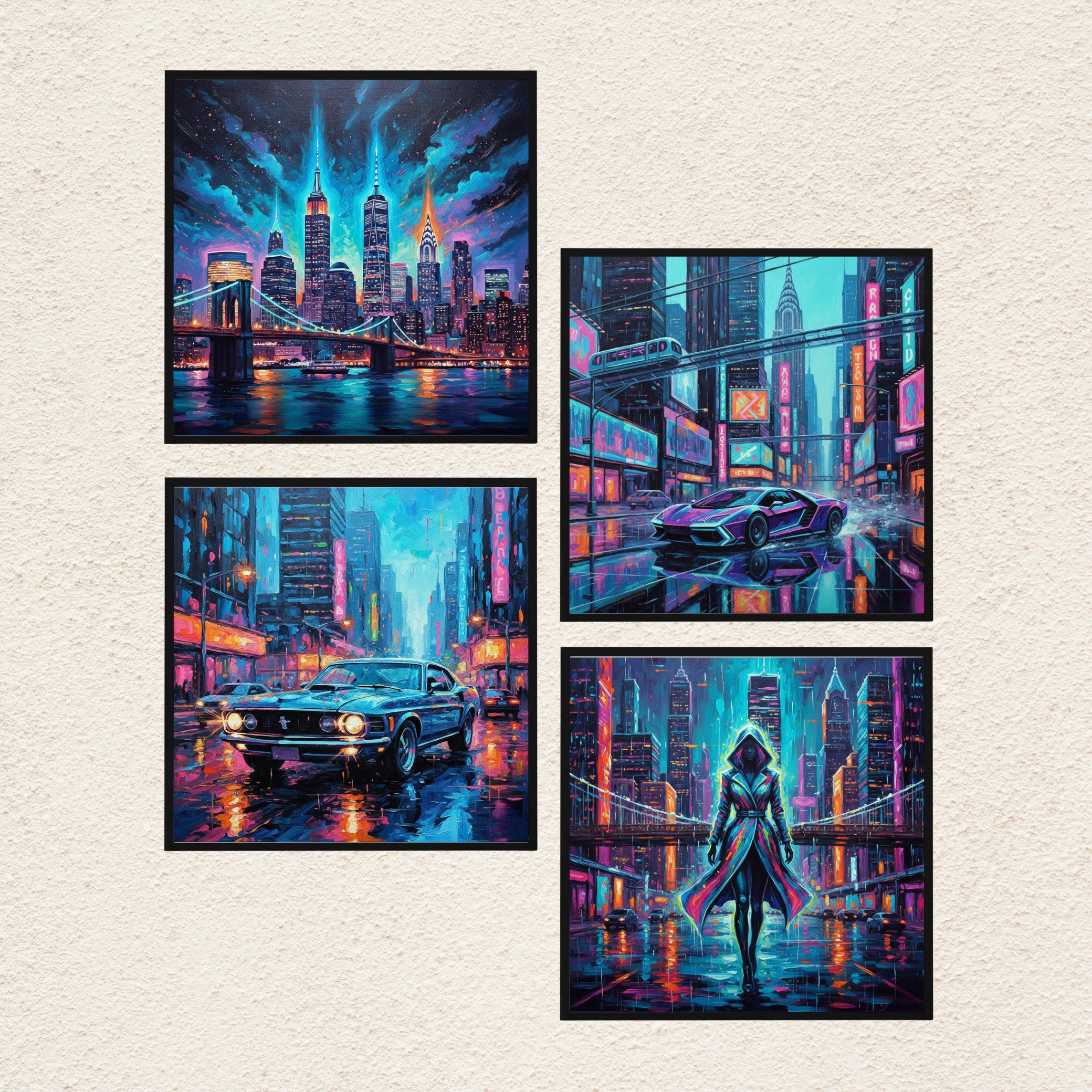 Cyberpunk Cityscape 4-Panel Digital Wall Art Set