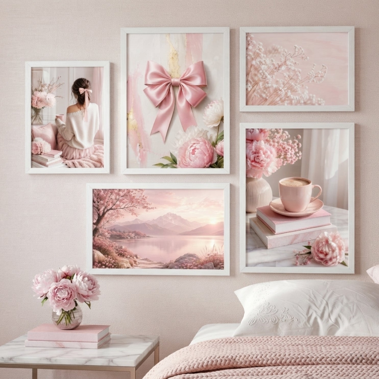 Aesthetic Blush Pink Gallery Wall Art 5 Panel Set