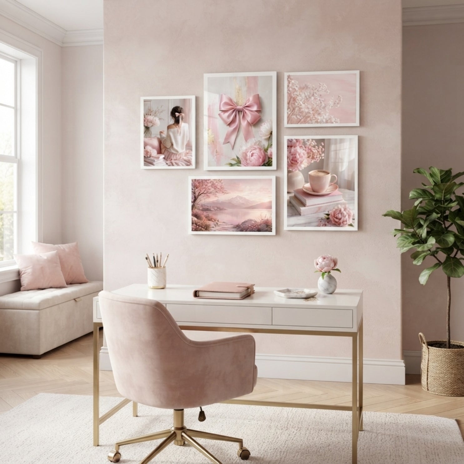 Aesthetic Blush Pink Gallery Wall Art 5 Panel Set