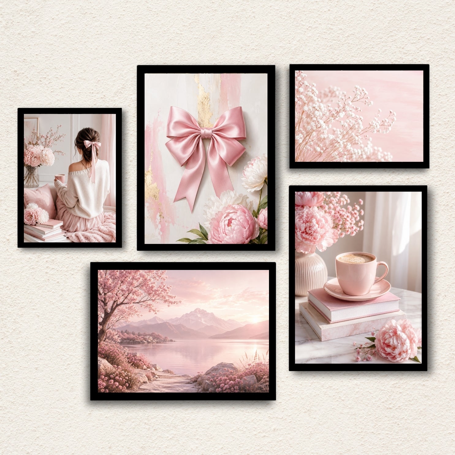 Aesthetic Blush Pink Gallery Wall Art 5 Panel Set