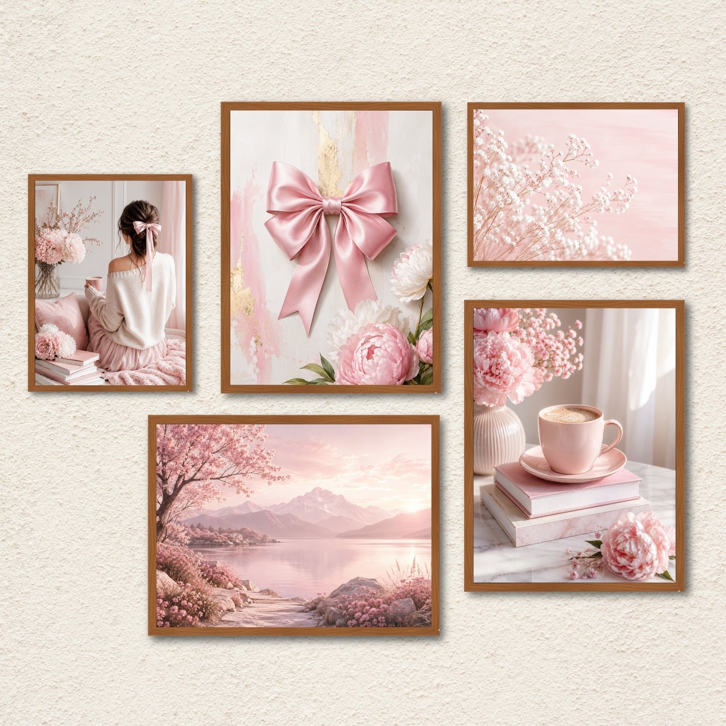 Aesthetic Blush Pink Gallery Wall Art 5 Panel Set