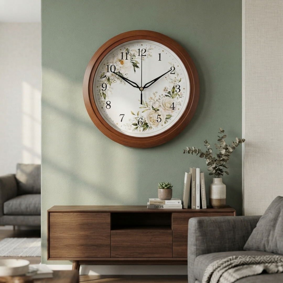 Botanical Floral Wreath Wood Pattern Wall Clock