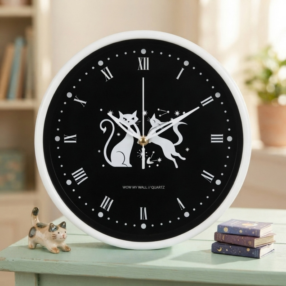 Playful Cats Silhouette White Wall Clock