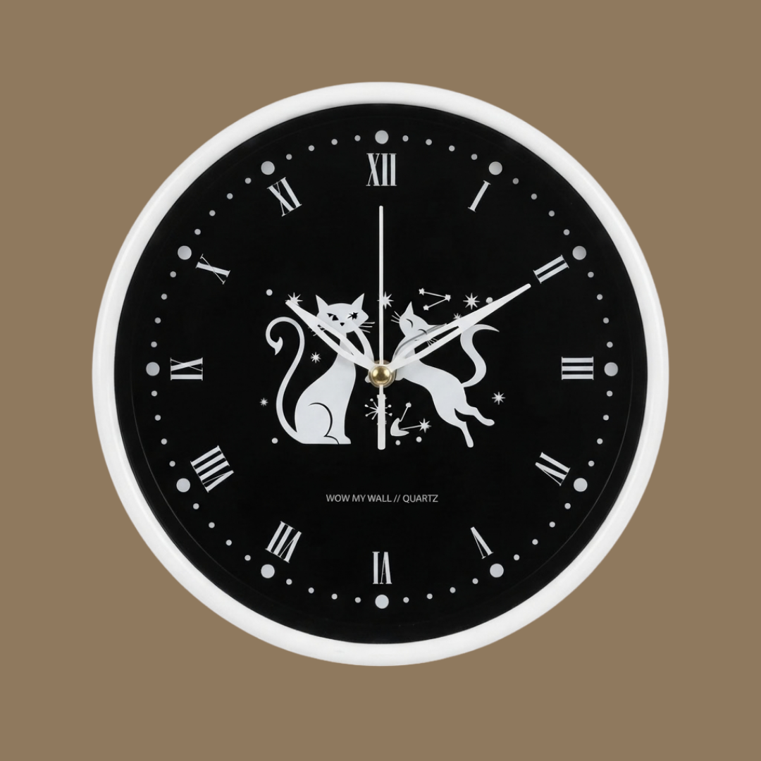 Playful Cats Silhouette White Wall Clock
