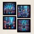 Cyberpunk Neon City & Cars 4-Piece Wall Art Set