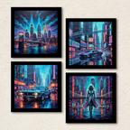 Cyberpunk Neon City & Cars 4-Piece Wall Art Set