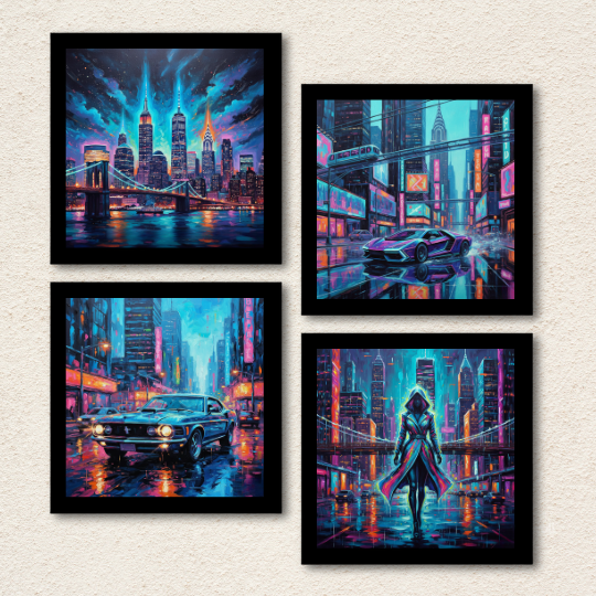 Cyberpunk Neon City & Cars 4-Piece Wall Art Set