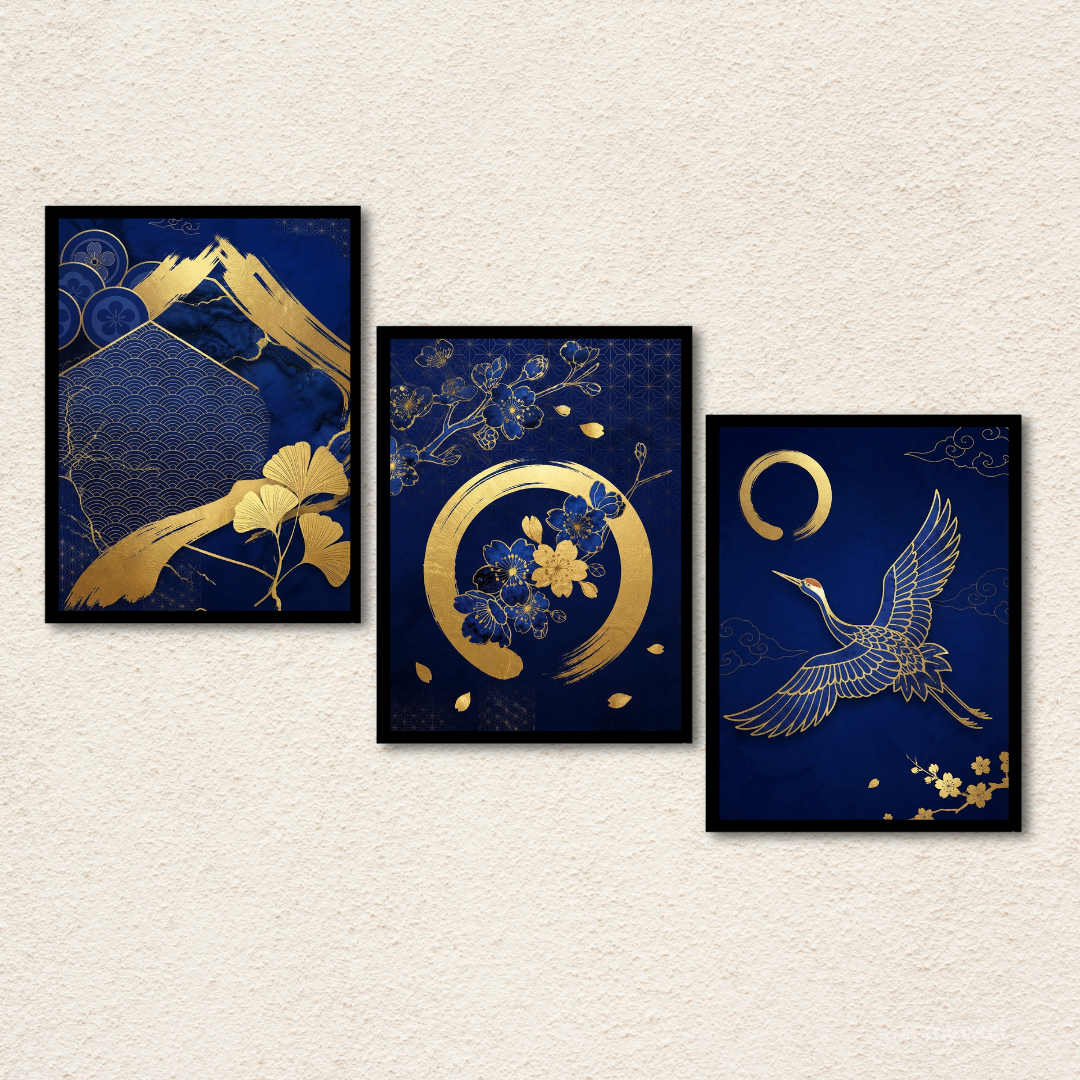 Japanese Crane & Gold Floral 3-Piece Wall Art Set