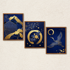 Japanese Crane & Gold Floral 3-Piece Wall Art Set