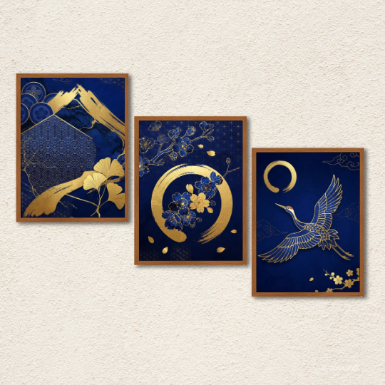 Japanese Crane & Gold Floral 3-Piece Wall Art Set