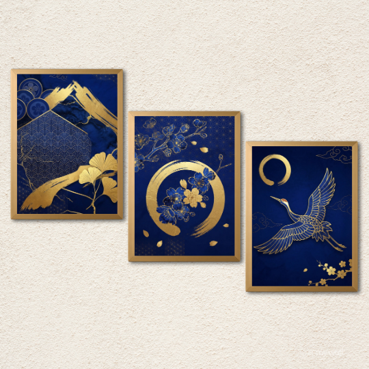 Japanese Crane & Gold Floral 3-Piece Wall Art Set