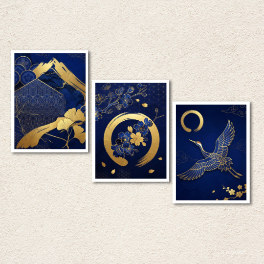 Japanese Crane & Gold Floral 3-Piece Wall Art Set