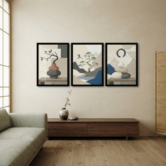 Minimalist Zen Bonsai & Balance Stones 3-Piece Wall Art Set