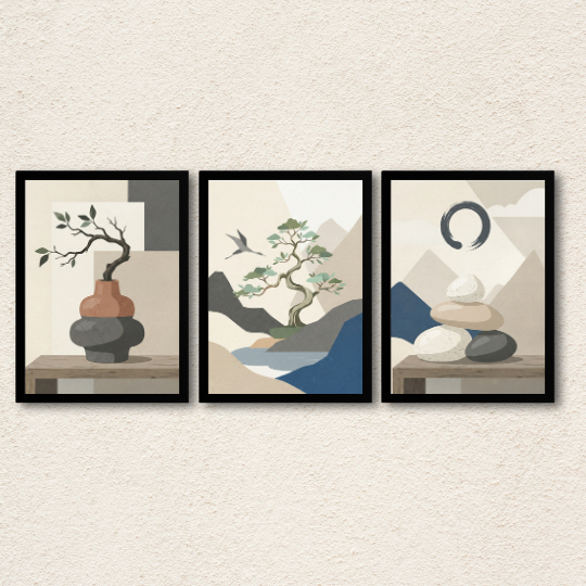 Minimalist Zen Bonsai & Balance Stones 3-Piece Wall Art Set