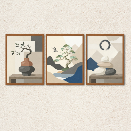 Minimalist Zen Bonsai & Balance Stones 3-Piece Wall Art Set
