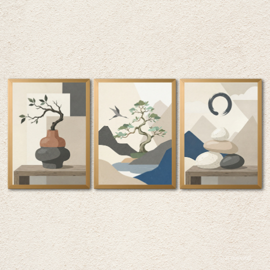 Minimalist Zen Bonsai & Balance Stones 3-Piece Wall Art Set