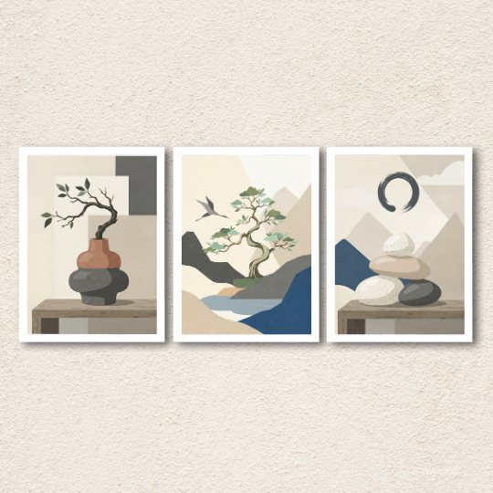 Minimalist Zen Bonsai & Balance Stones 3-Piece Wall Art Set