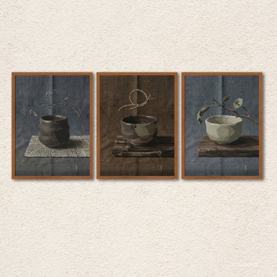Wabi-Sabi Ceramic Tea Bowl 3-Piece Wall Art Set