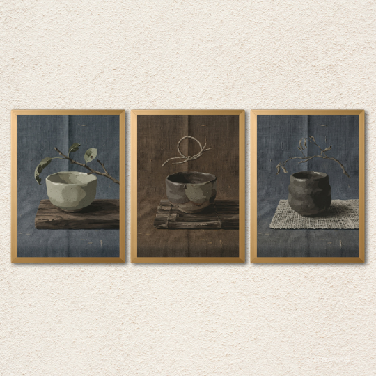 Wabi-Sabi Ceramic Tea Bowl 3-Piece Wall Art Set