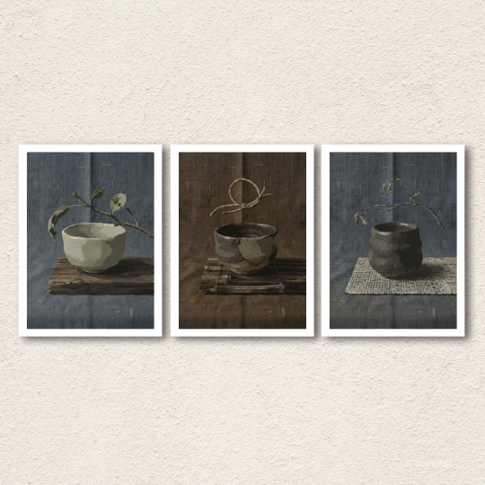 Wabi-Sabi Ceramic Tea Bowl 3-Piece Wall Art Set