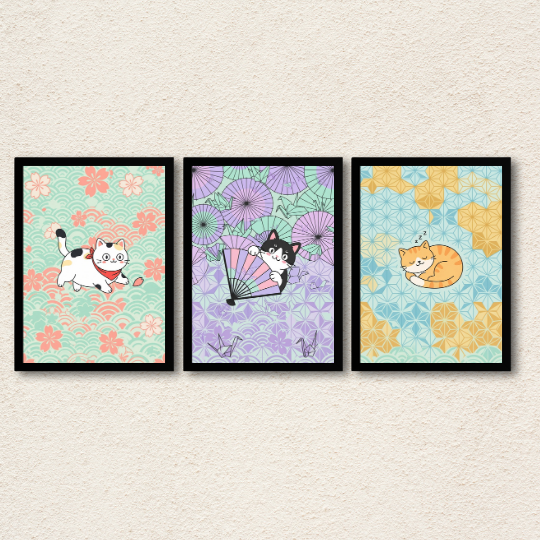 Japanese Cat Illustration 3-Piece Wall Art Set