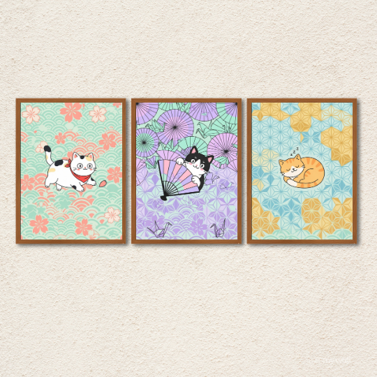 Japanese Cat Illustration 3-Piece Wall Art Set