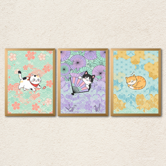 Japanese Cat Illustration 3-Piece Wall Art Set