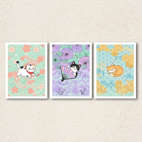 Japanese Cat Illustration 3-Piece Wall Art Set