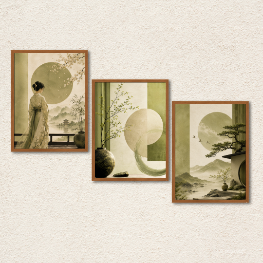 Sage Green Oriental Landscape 3-Piece Wall Art Set