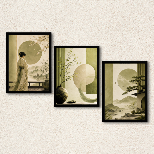 Sage Green Oriental Landscape 3-Piece Wall Art Set