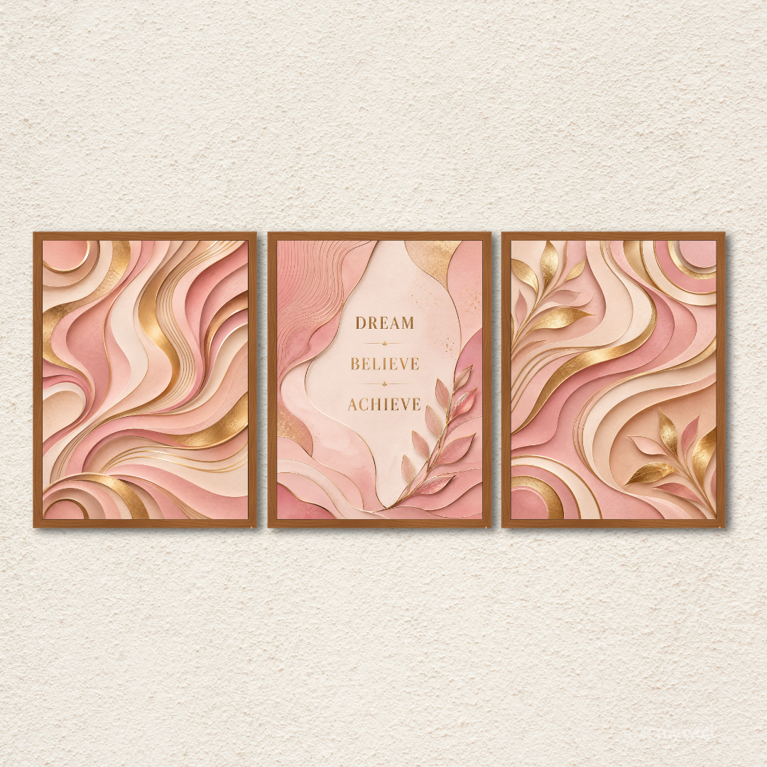 3-Piece Blush Pink & Gold Framed Wall Art Set