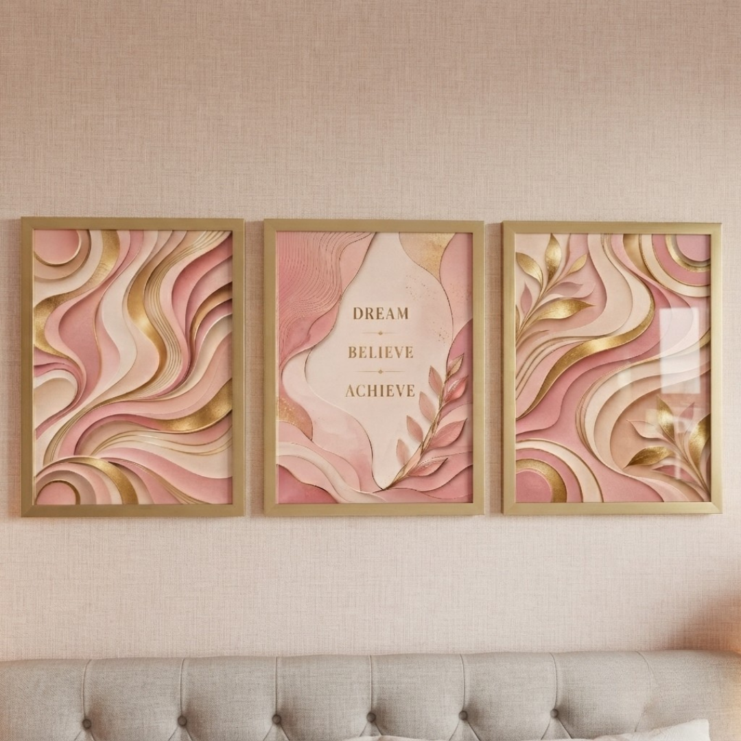 3-Piece Blush Pink & Gold Framed Wall Art Set