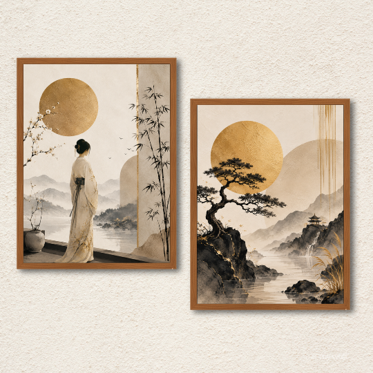 Japandi Landscape & Kimono Wall Art Set