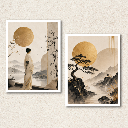 Japandi Landscape & Kimono Wall Art Set