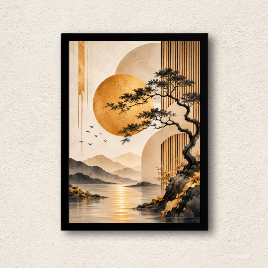 Japandi Golden Sun & Bonsai Landscape Wall Art