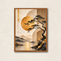 Japandi Golden Sun & Bonsai Landscape Wall Art