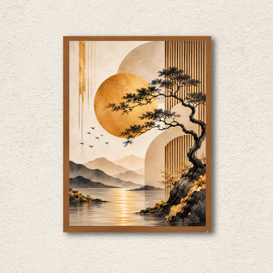 Japandi Golden Sun & Bonsai Landscape Wall Art
