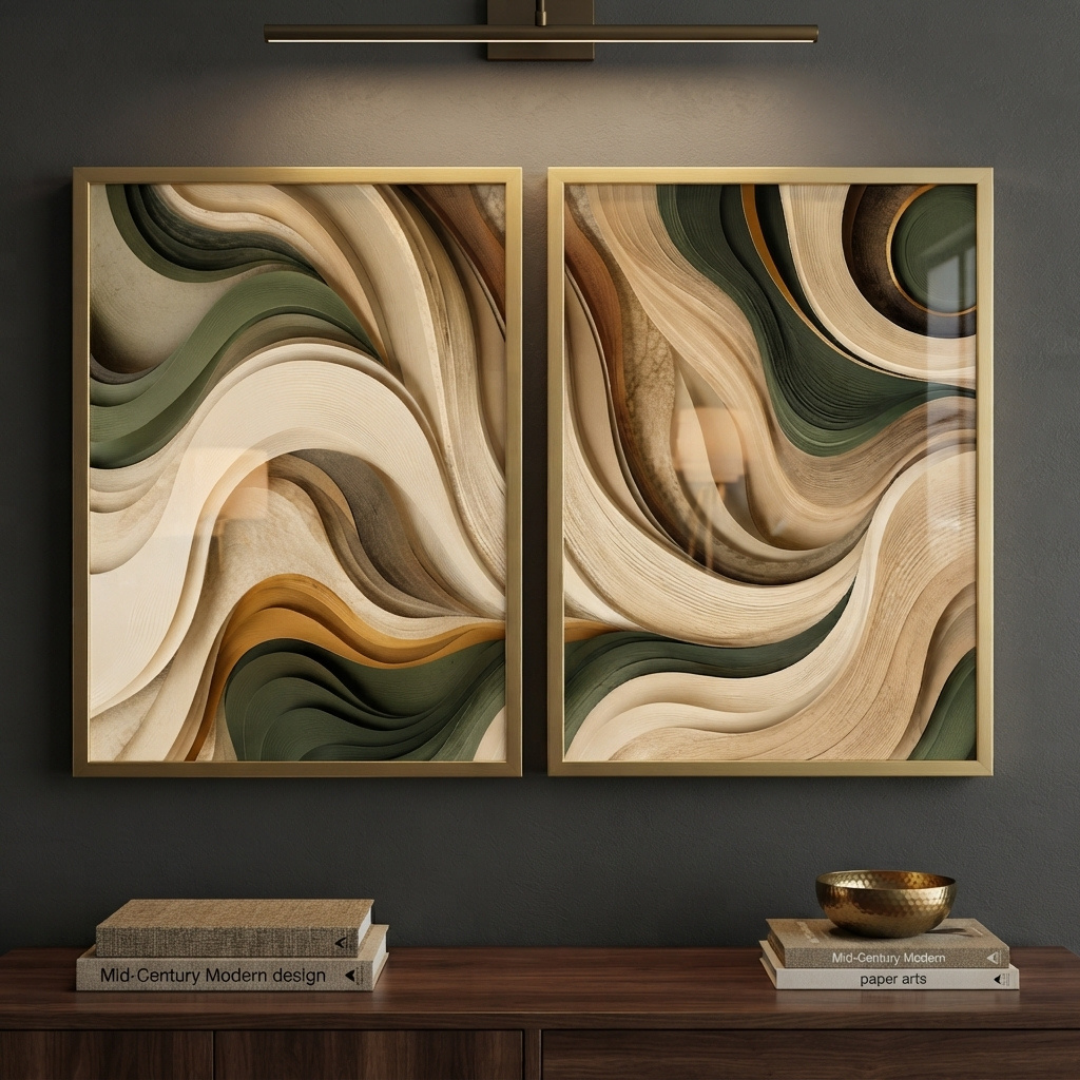 2-Piece Earthy Sage & Sand Abstract Wave Framed Wall Art Set