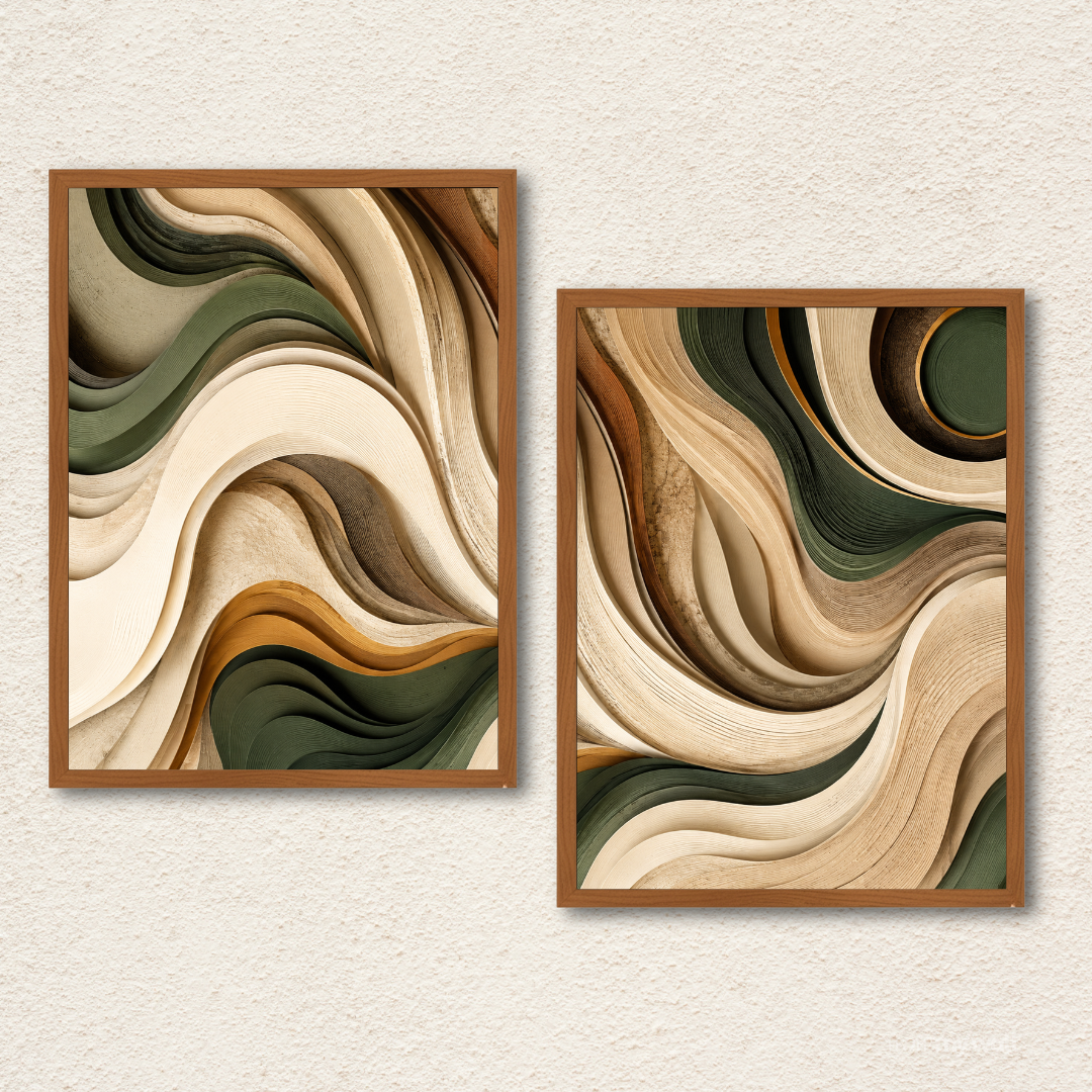 2-Piece Earthy Sage & Sand Abstract Wave Framed Wall Art Set