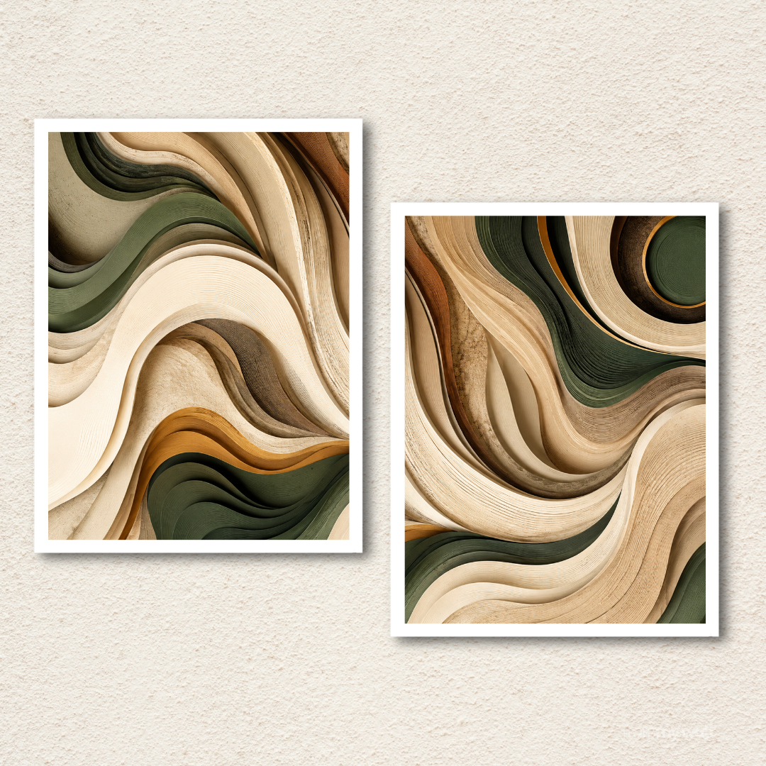 2-Piece Earthy Sage & Sand Abstract Wave Framed Wall Art Set