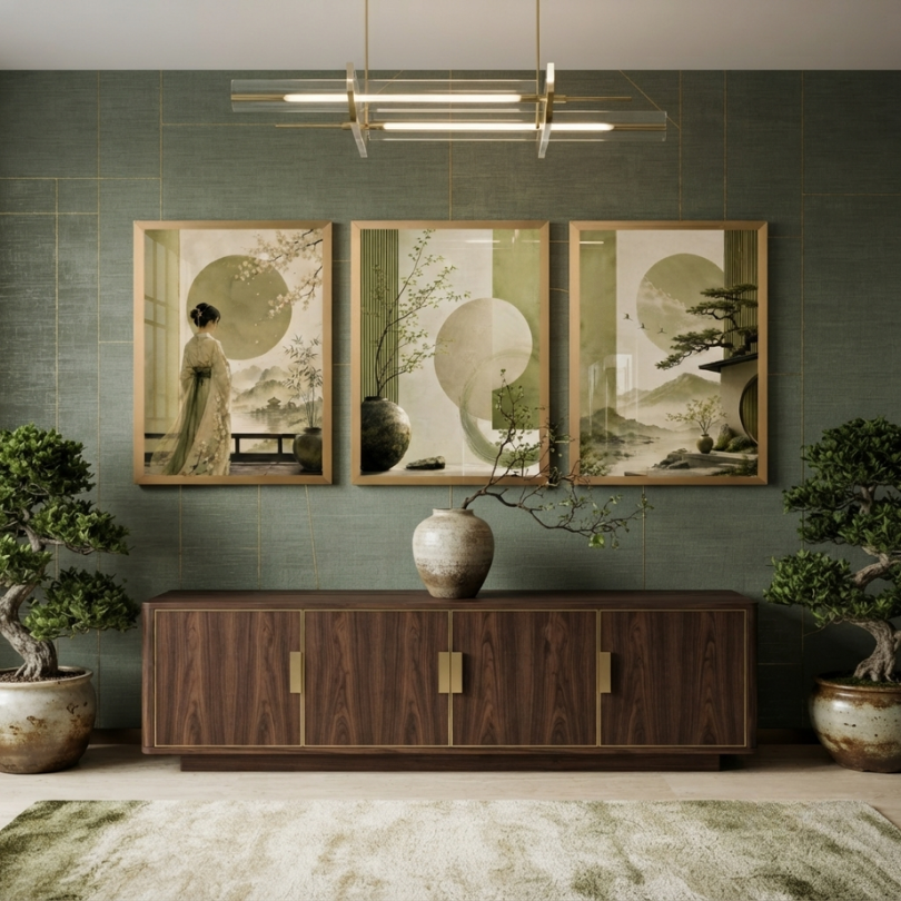Sage Green Oriental Landscape 3-Piece Wall Art Set
