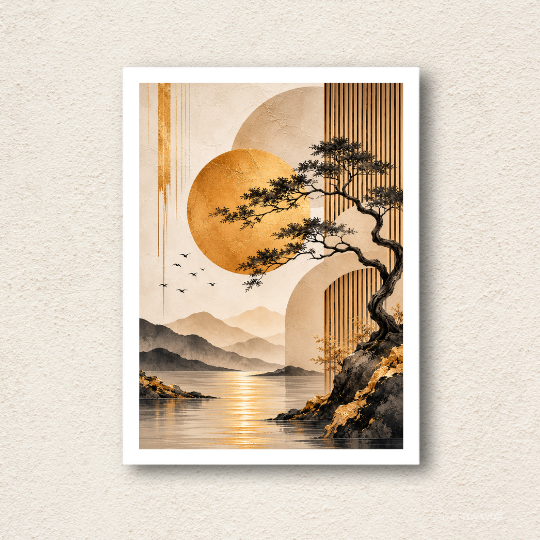 Japandi Golden Sun & Bonsai Landscape Wall Art