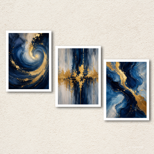 Navy & Gold Abstract Fluid 3-Piece Wall Art Set