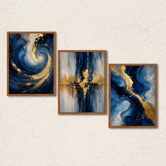 Navy & Gold Abstract Fluid 3-Piece Wall Art Set