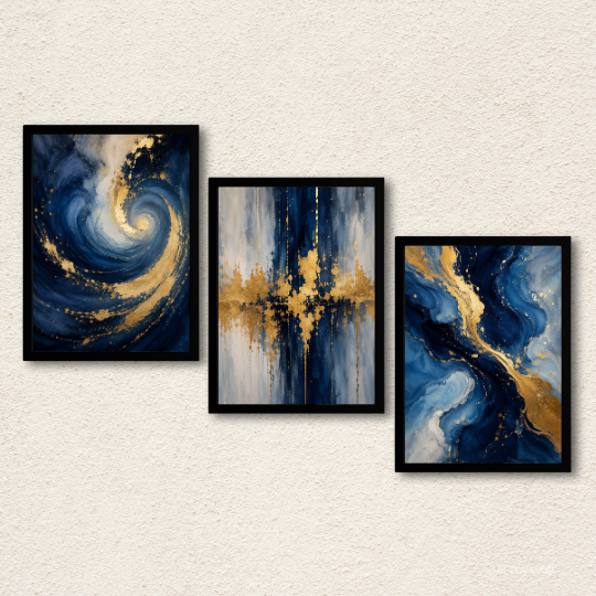 Navy & Gold Abstract Fluid 3-Piece Wall Art Set