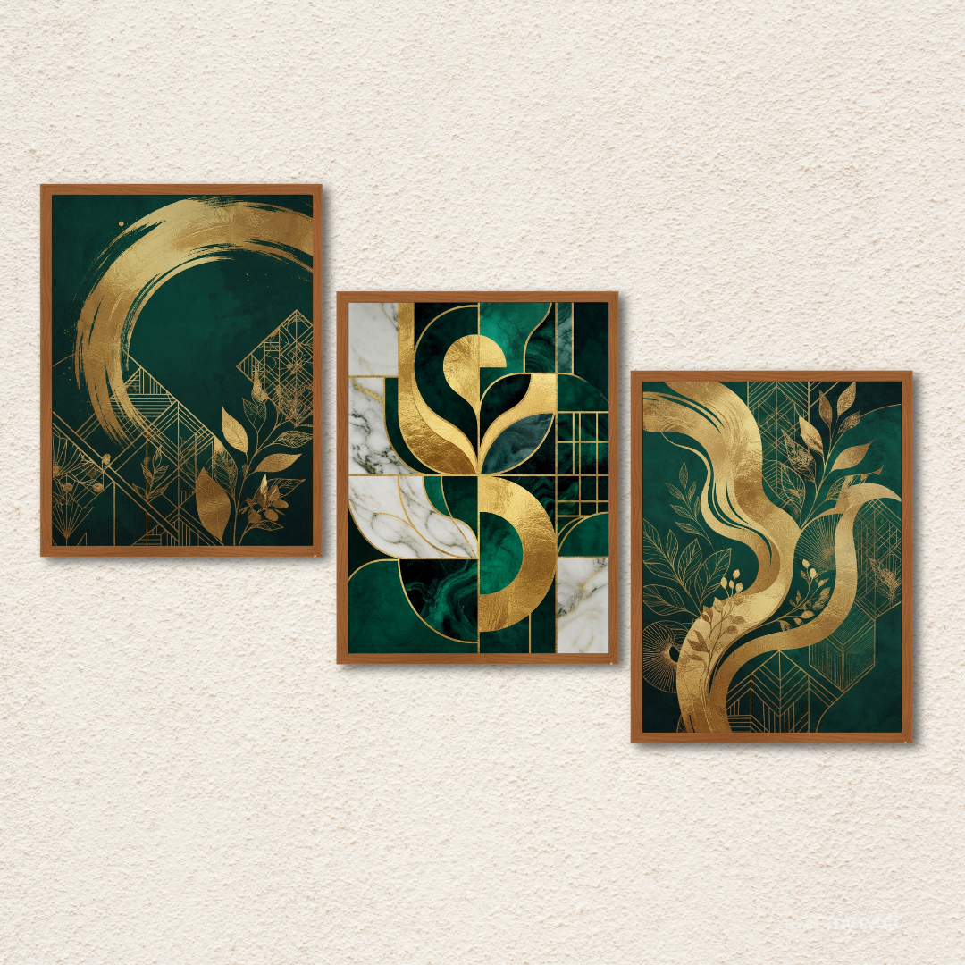 Emerald & Gold Abstract Canvas Art – Set of 3