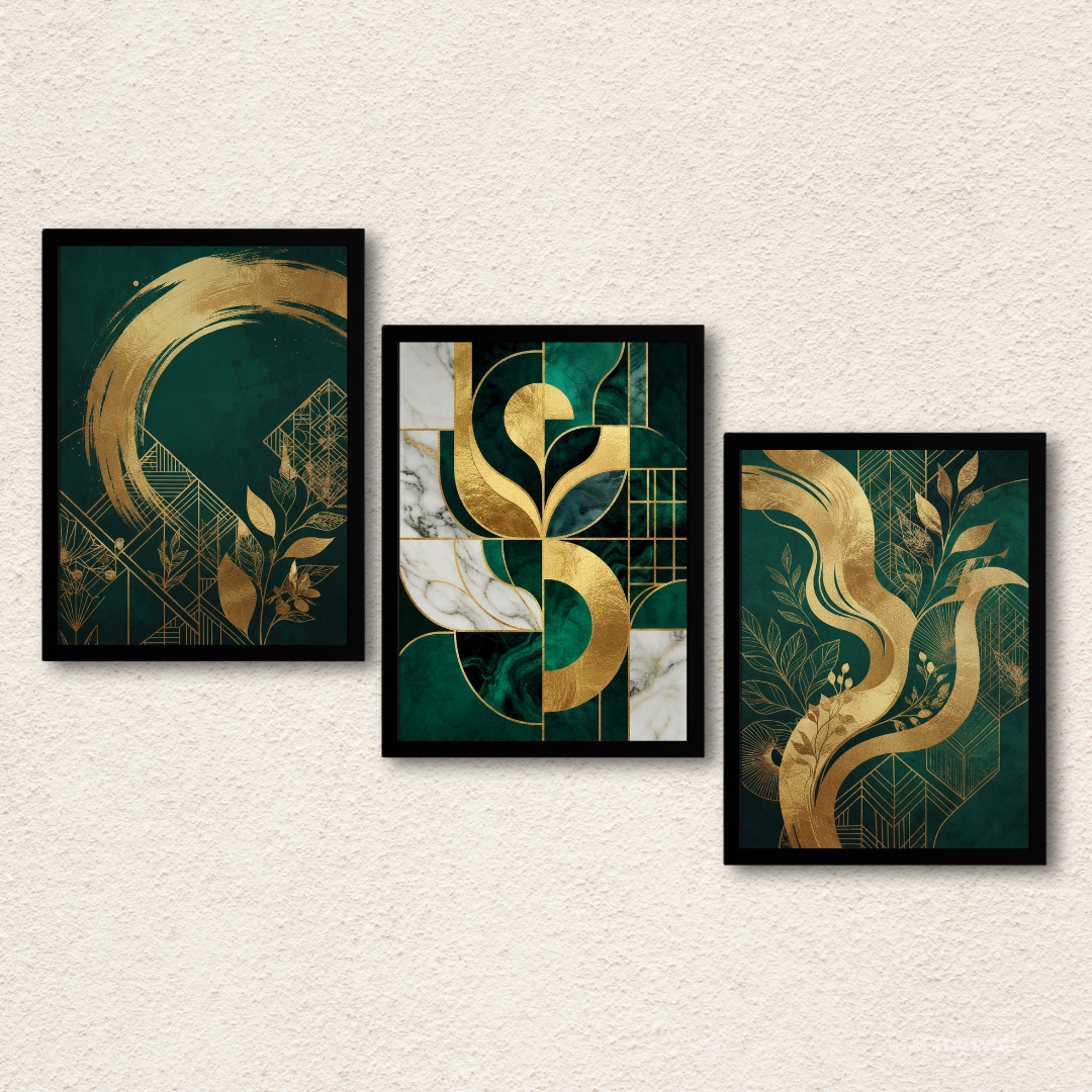 Emerald & Gold Abstract Canvas Art – Set of 3