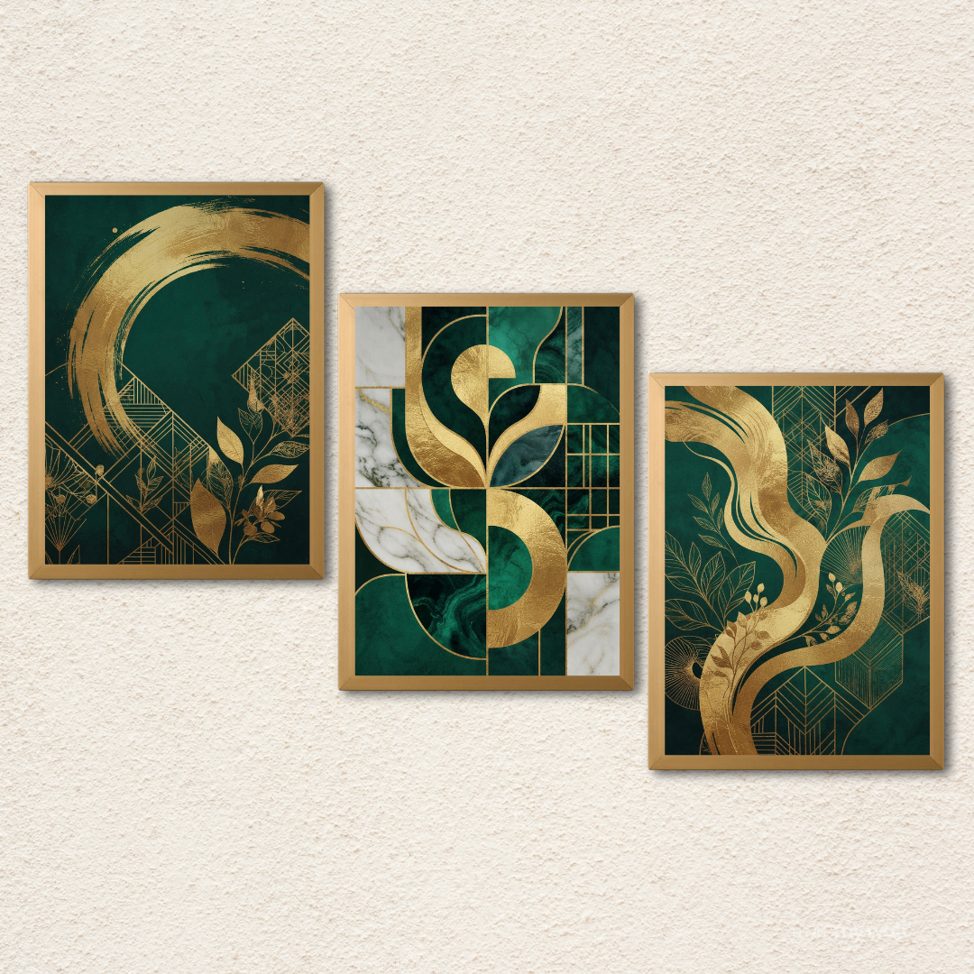 Emerald & Gold Abstract Canvas Art – Set of 3